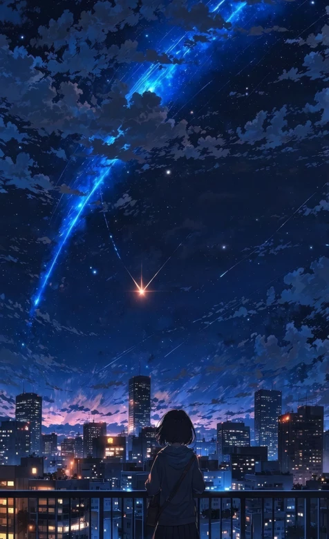 动漫短发女孩城市天台观流星 新海诚风夜景壁纸