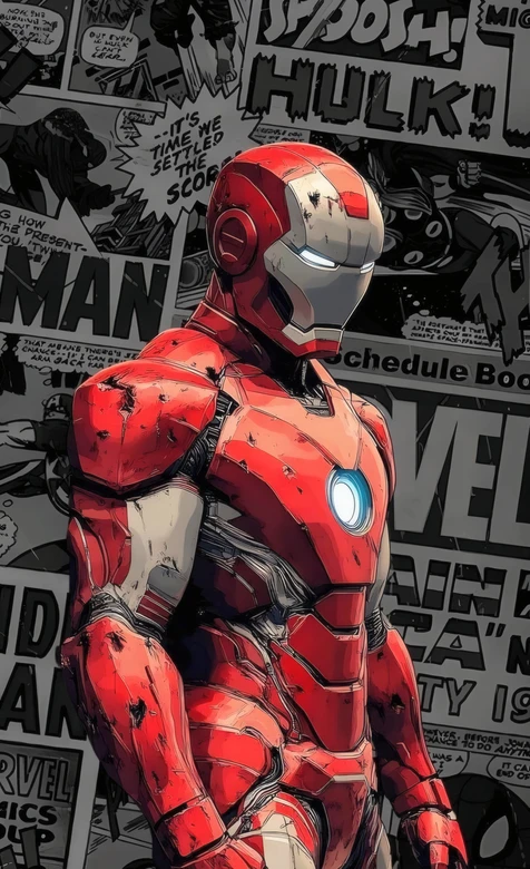 漫威钢铁侠战损盔甲漫画风主题壁纸