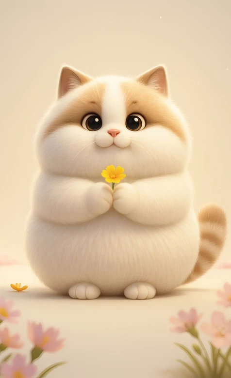 治愈系卡通胖猫捧黄花 萌宠温馨暖调壁纸