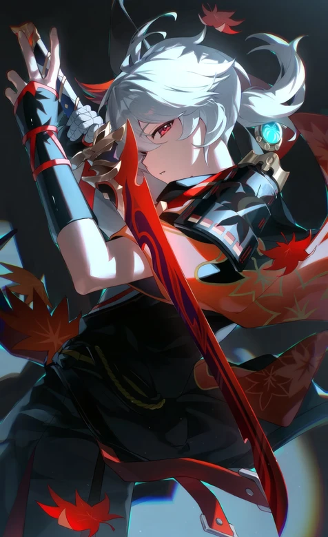 原神枫原万叶白发红瞳红发剑枫叶壁纸