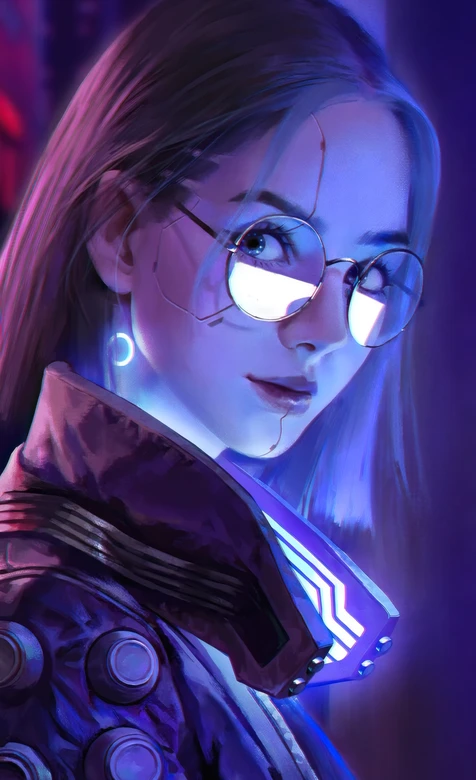 赛博朋克科技少女 霓虹蓝紫未来感壁纸