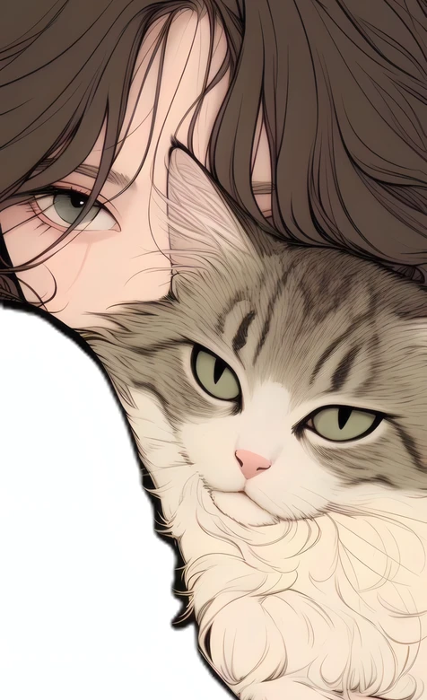 手绘长发少女抱绿眼猫咪 治愈萌宠桌面壁纸