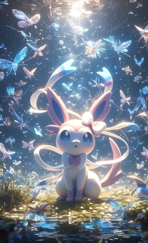宝可梦仙子伊布梦幻蝴蝶水下光影壁纸