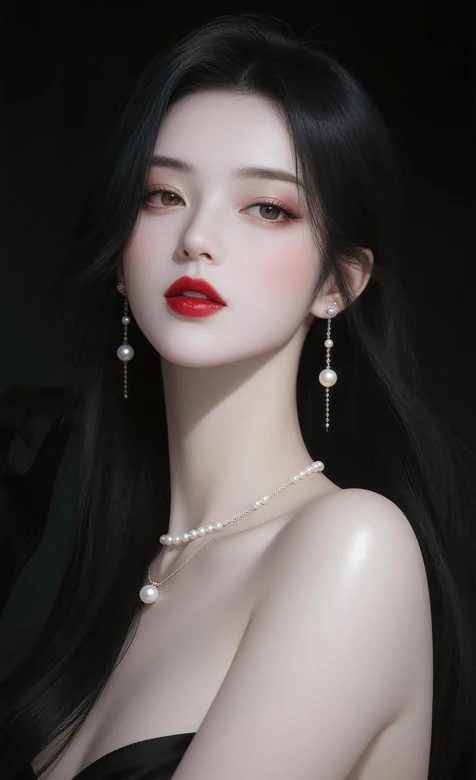 气质黑长直美女珍珠配饰 冷艳高级风壁纸