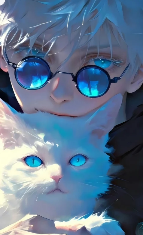 五条悟（咒术回战）抱白猫蓝调壁纸 二次元动漫壁纸