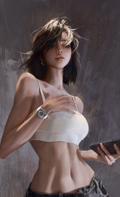 酷飒短发腹肌少女 白吊带牛仔裤 潮流个性壁纸