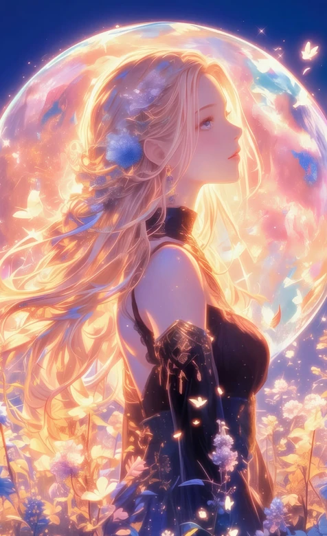 梦幻金发少女光球花海蝴蝶壁纸 唯美治愈壁纸