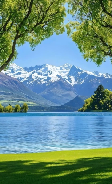 雪山湖泊草地绿树风景壁纸 清新自然山水风光