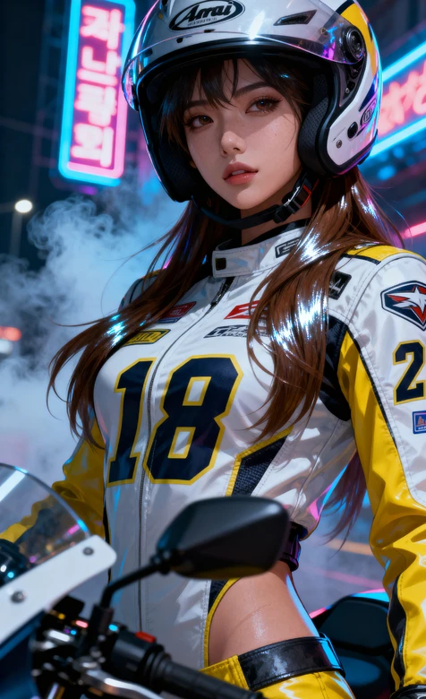 赛博朋克夜城机车少女 黄白18赛车服Arai头盔 赛博朋克机车风