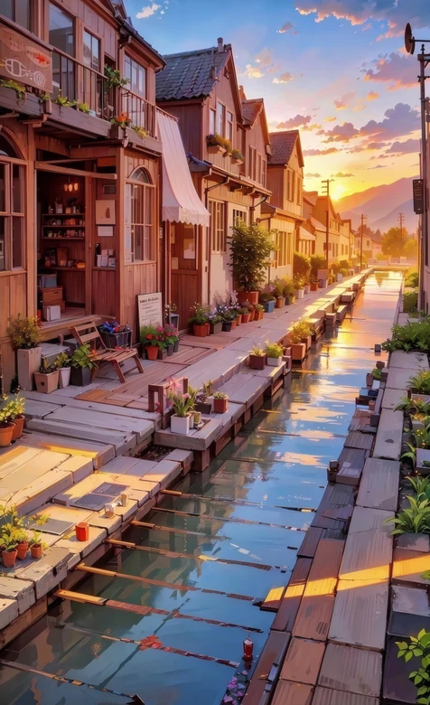 日式小镇运河夕阳木屋街道治愈系动漫风壁纸