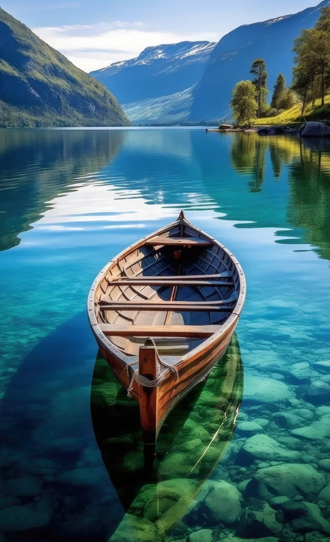 挪威峡湾木船湖泊风景壁纸 高山碧水自然景观