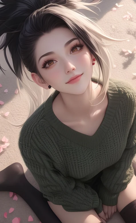 双色发少女绿毛衣黑丝袜 花瓣场景唯美壁纸