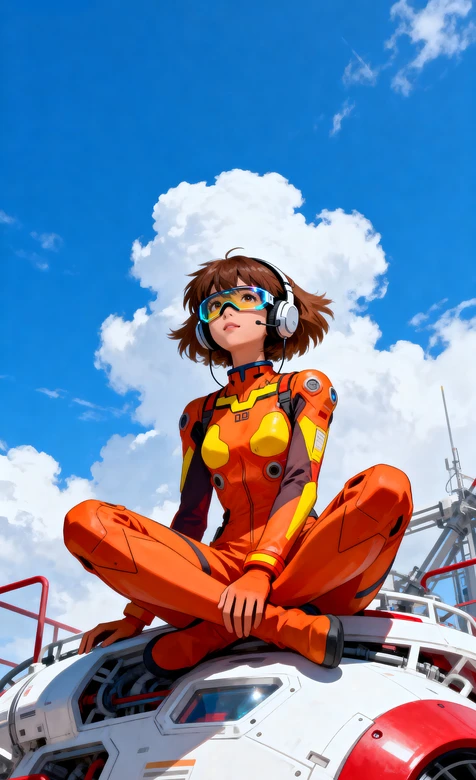 橙色机甲少女戴耳机坐机械舱 蓝天云朵壁纸