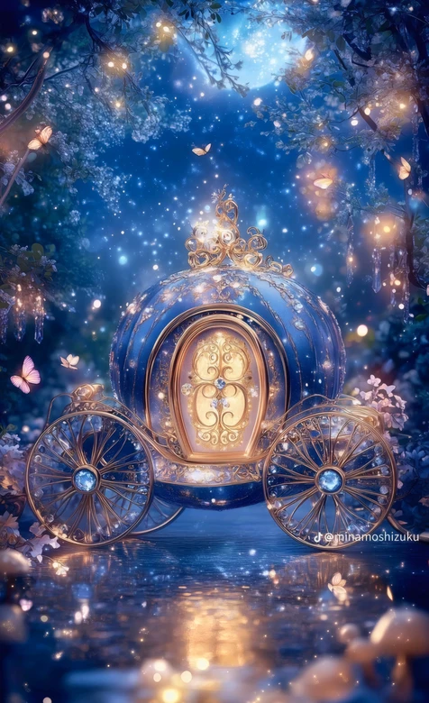 迪士尼灰姑娘南瓜马车 月夜森林星光蝴蝶童话壁纸