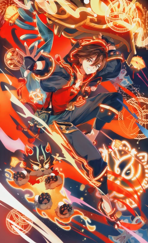 国潮动漫少年携瑞兽舞狮火焰符文壁纸
