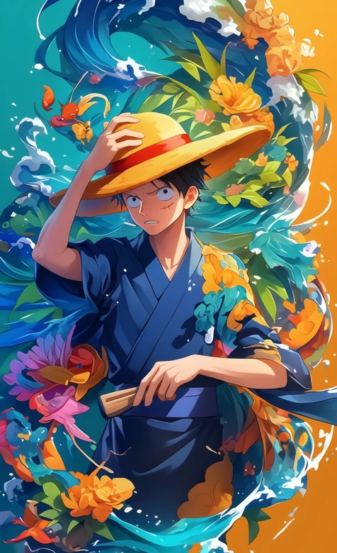 海贼王路飞和风浴衣海浪花卉壁纸 热血动漫壁纸