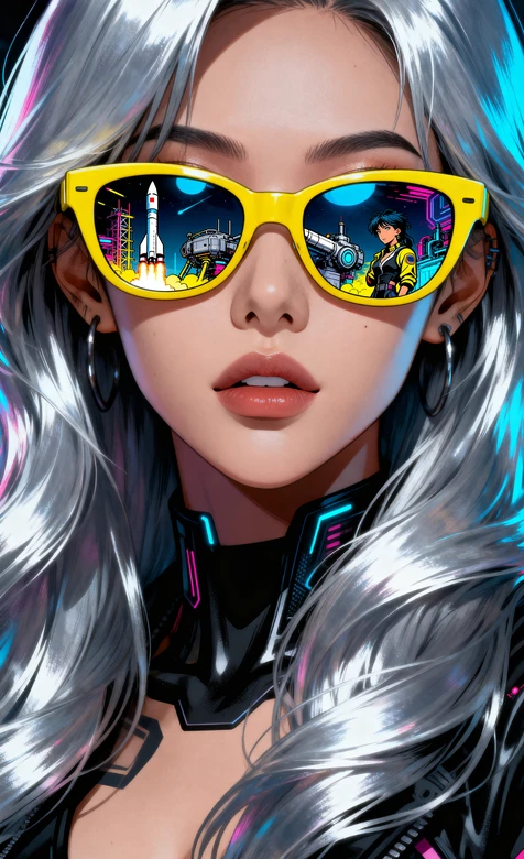 赛博朋克银发少女黄墨镜科幻场景壁纸 赛博朋克风