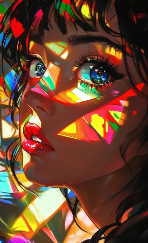 彩色玻璃光影少女 高饱和色彩视觉系艺术设计
