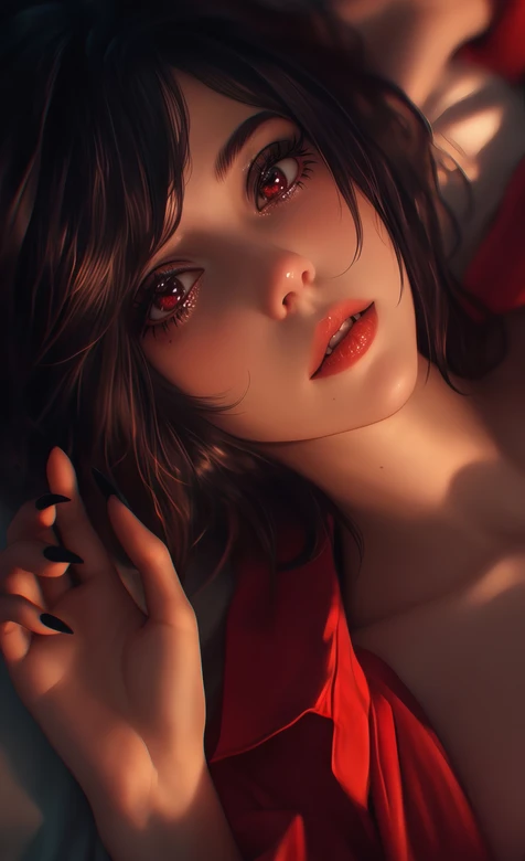 黑发红瞳红唇少女 暖光氛围感桌面背景