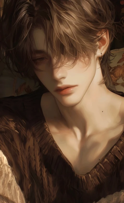 暖调手绘慵懒少年 氛围感帅哥艺术图 同款壁纸