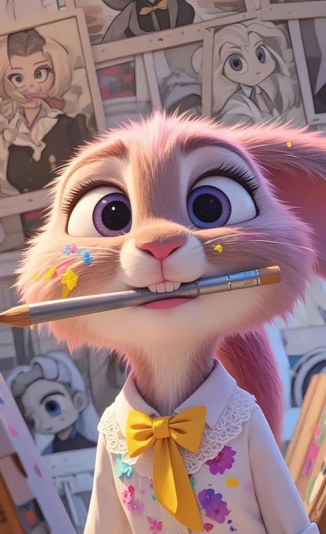 萌系卡通画家兔 画笔黄领结 艺术画室风热门壁纸