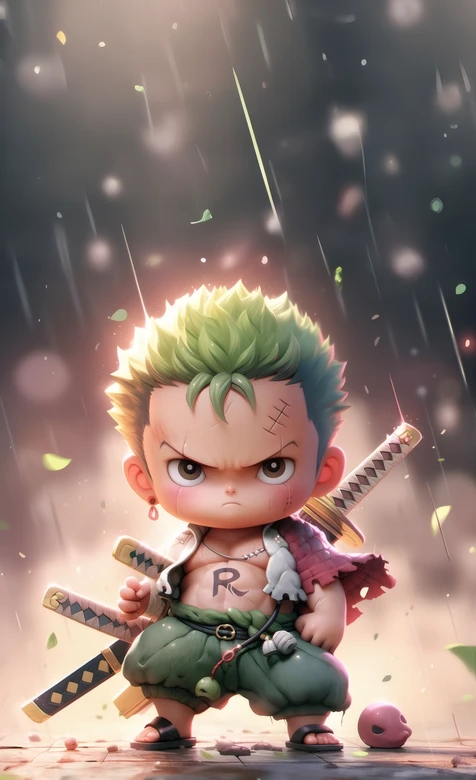 Q版海贼王索隆三刀流雨中壁纸 萌系帅气动漫壁纸