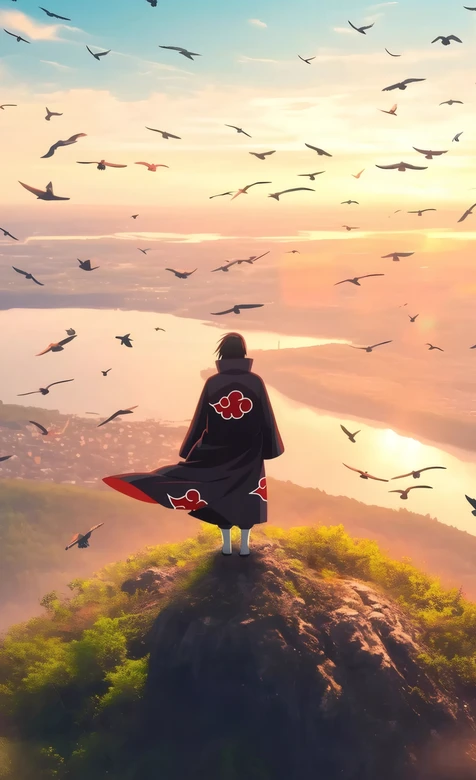 火影忍者宇智波鼬 晓组织红云袍 日落飞鸟山河壁纸