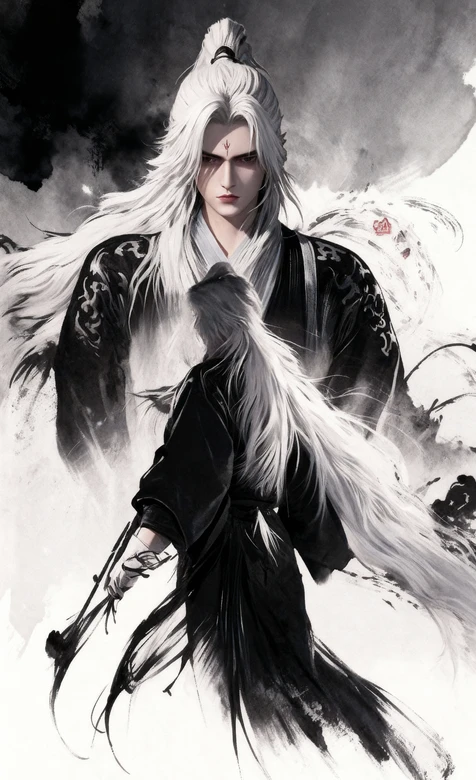 古风白发黑衣《仙逆》主角王林红纹侠客·水墨国风渲染 氛围感拉满