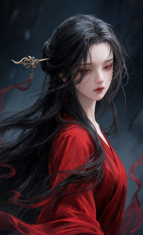 国漫《完美世界》人物火灵儿红衣·黑发飞扬金簪流苏 国风暗黑氛围感拉满