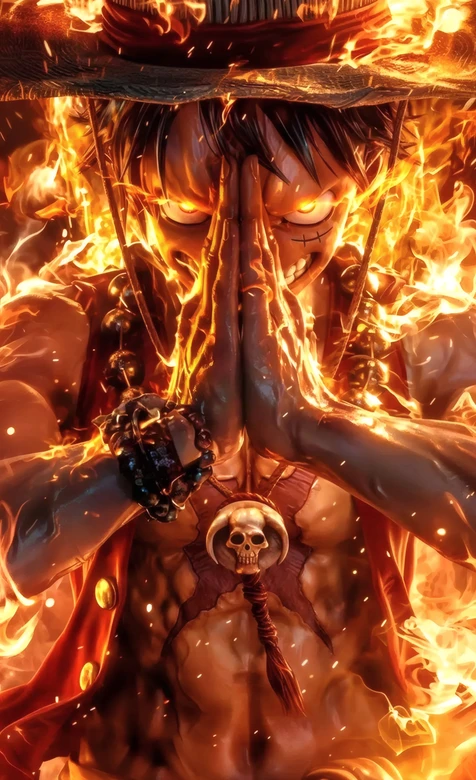 蒙奇·D·路飞火焰燃身合十 海贼王写实热血风 高清无水印