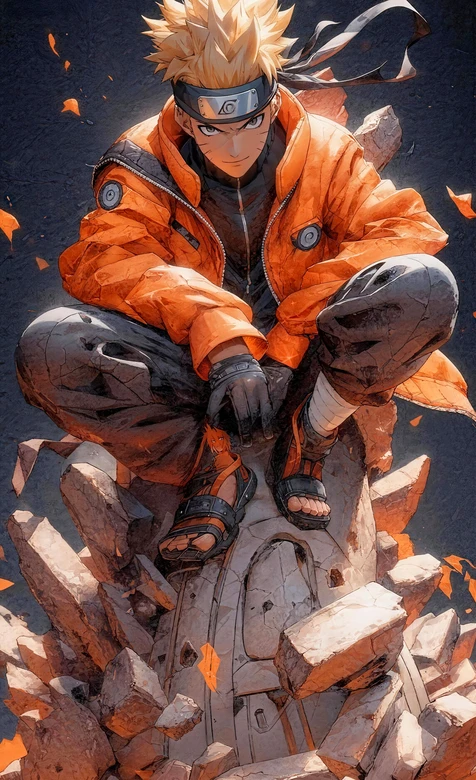 漩涡鸣人·蹲坐碎石 火影忍者写实厚涂风壁纸 高清无水印