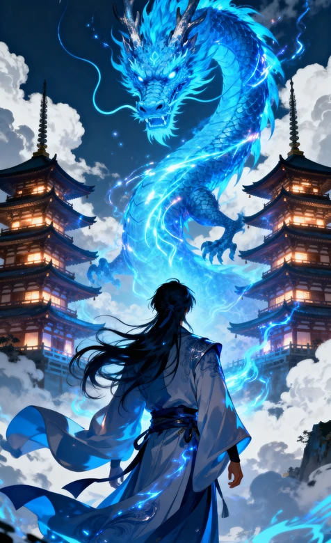 国风玄幻·蓝焰巨龙对峙古风少侠 双古塔楼云海缭绕 高清无水印