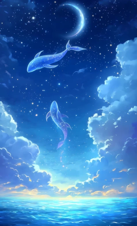梦幻鲸鱼·星空云海唯美二次元插画手机壁纸 高清无水印
