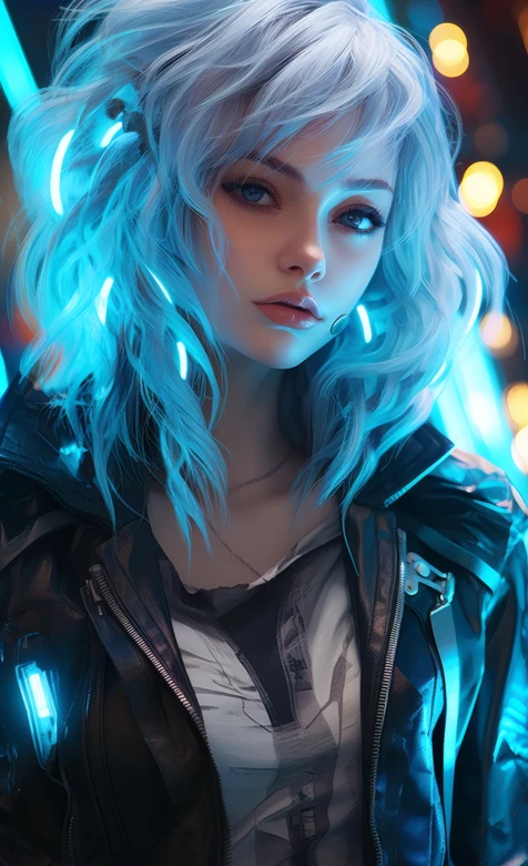 赛博朋克少女·蓝发霓虹 黑色皮衣 高清氛围感拉满