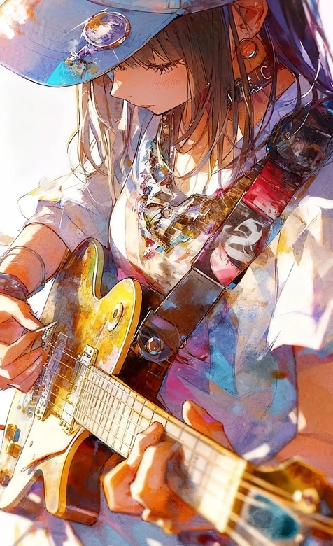 二次元水彩风弹电吉他少女·清新治愈高清无水印