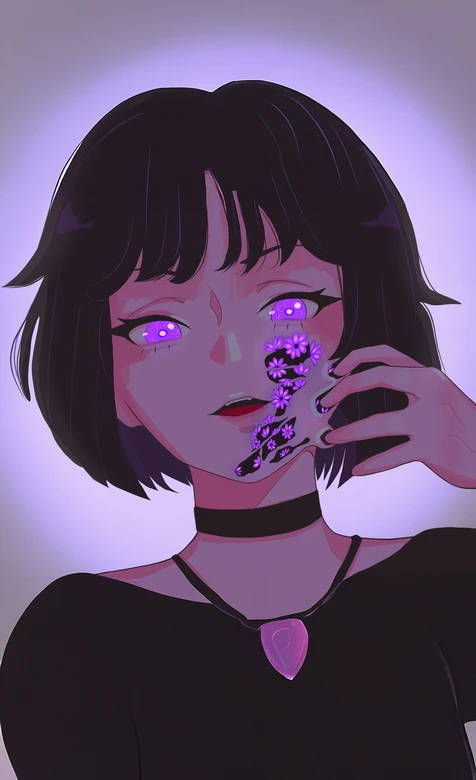 暗黑风短发少女（紫眼·紫花脸颊）二次元插画 氛围感拉满