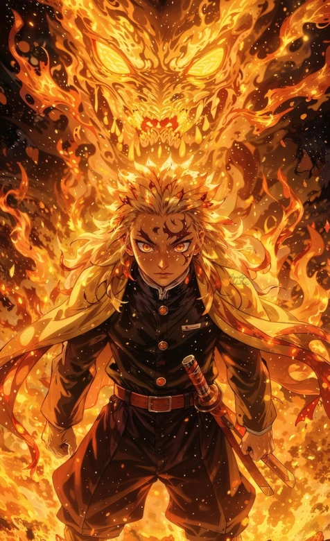 炼狱杏寿郎·炎之虚影咆哮 鬼灭之刃二次元热血壁纸高清无水印