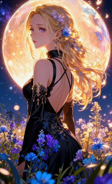 金发花饰少女·黑露背裙·巨月星空花田二次元唯美 氛围感拉满
