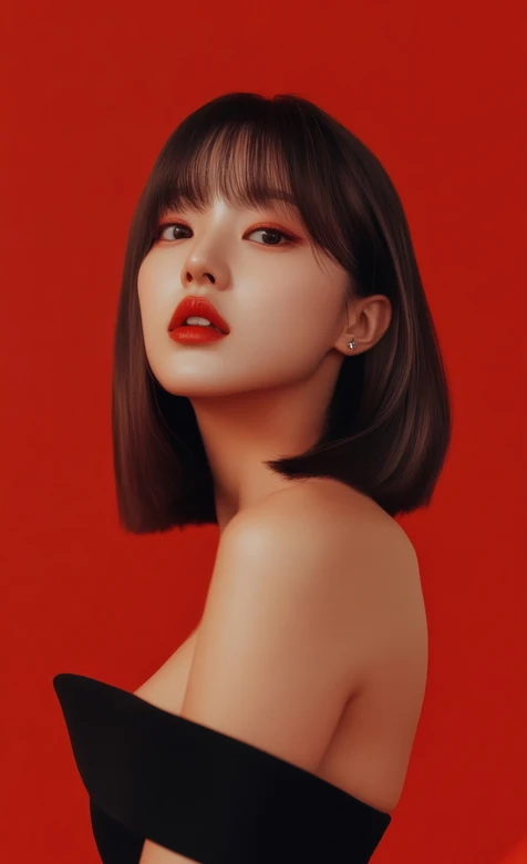 短发红唇女神·黑露肩裙时尚高级风 高清无水印