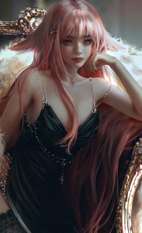 粉色长发狐耳少女·黑裙羽翼 写实唯美二次元 氛围感拉满