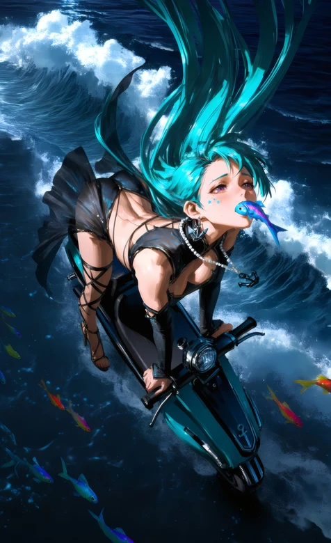 蓝发少女·暗黑绑带装踏浪骑摩托 二次元潮酷氛围感拉满