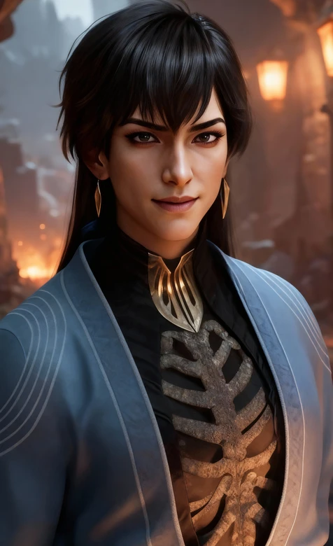 《凡人修仙传》角色玄骨上人・萧诧 · 骨纹黑金装束·古城火光背景 写实风高清无水印