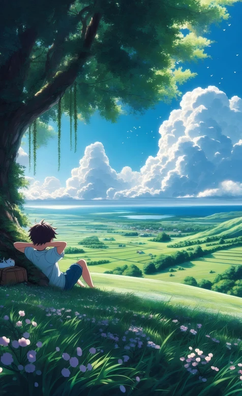 少年倚树赏绿野云海 新海诚风动漫治愈感拉满