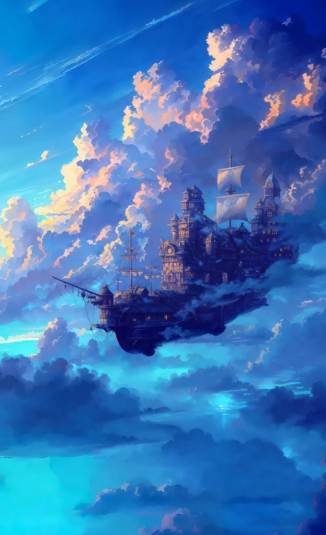 二次元奇幻浮空城堡帆船·唯美云海 氛围感拉满 高清无水印