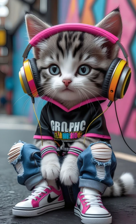 潮酷耳机小猫·街头涂鸦风穿搭 高清无水印