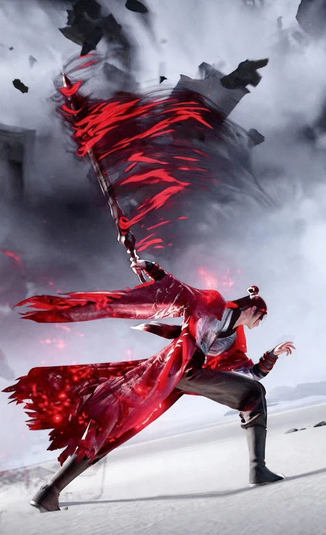 古风红衣武者·红焰长枪战斗姿态 国风仙侠水墨高清无水印壁纸