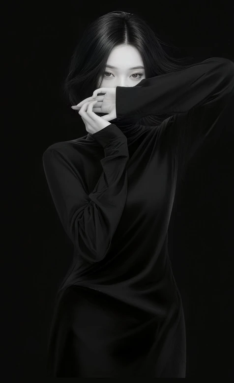 暗黑极简风人物·黑发黑衣半遮面 氛围感拉满高清无水印