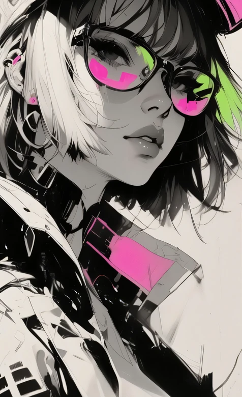 赛博朋克少女·粉绿镜片眼镜·黑白二次元风格 高清插画