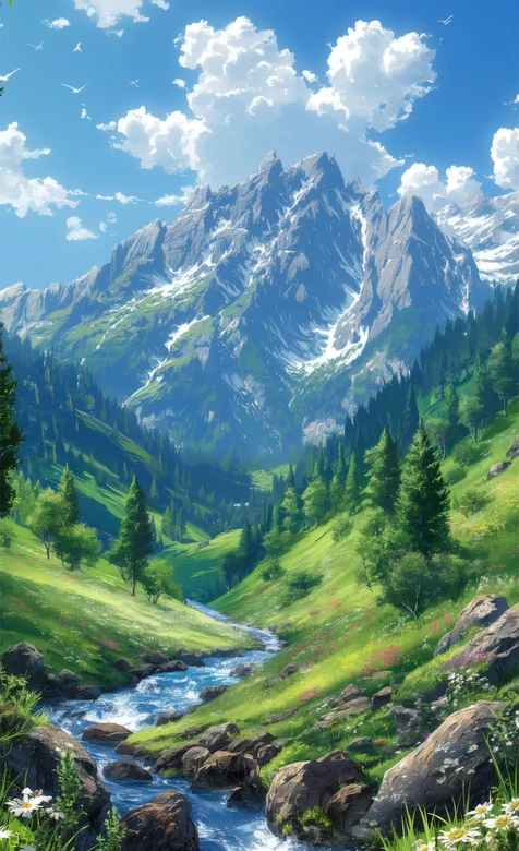 雪山溪谷绿野溪流·日系动漫风 二次元治愈风景壁纸