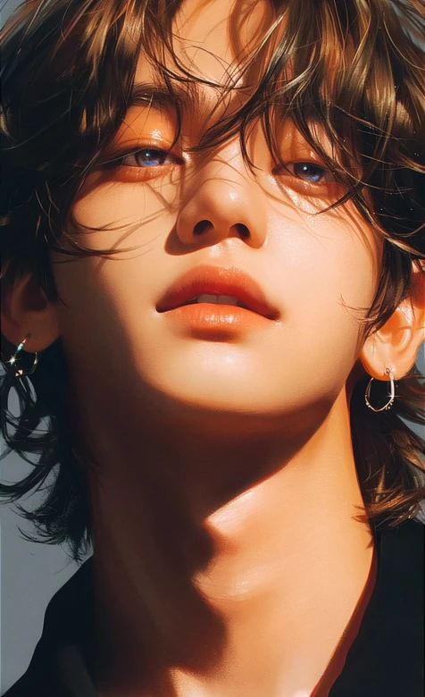 金泰亨·卷发耳饰光影氛围感 写实油画风韩系偶像壁纸